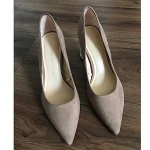 Zara- tan faux suede, clear block heels